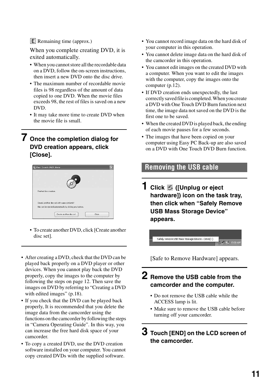 Removing the usb cable | Sony DCR-SR100 User Manual | Page 11 / 27