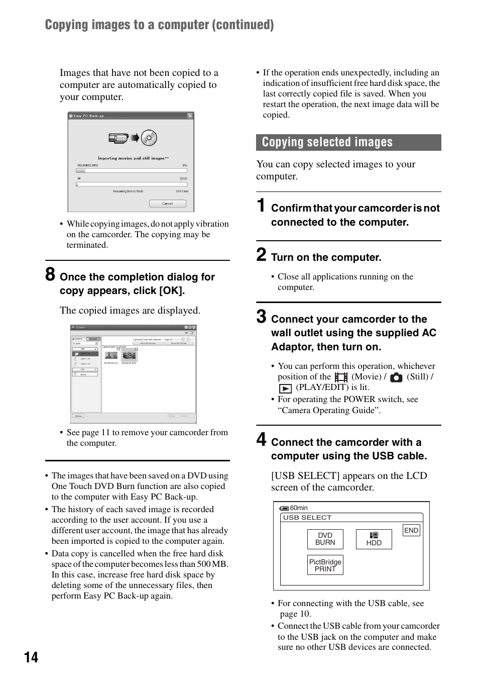 Copying selected images, Copying selected images (p.14), Copying images to a computer (continued) | Sony DCR-SR100 User Manual | Page 14 / 27