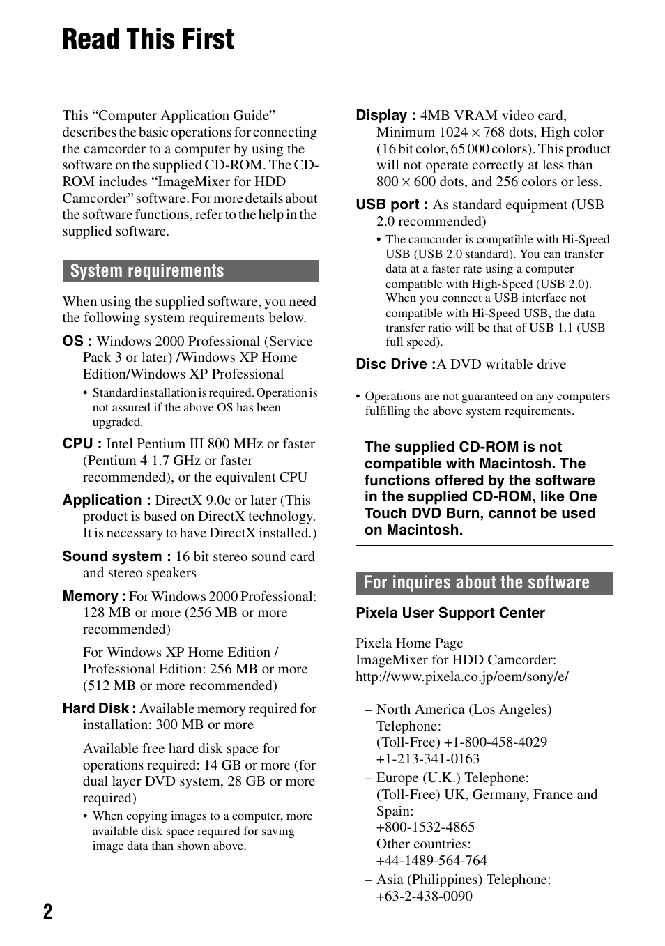 Read this first, System requirements, For inquires about the software | Sony DCR-SR100 User Manual | Page 2 / 27