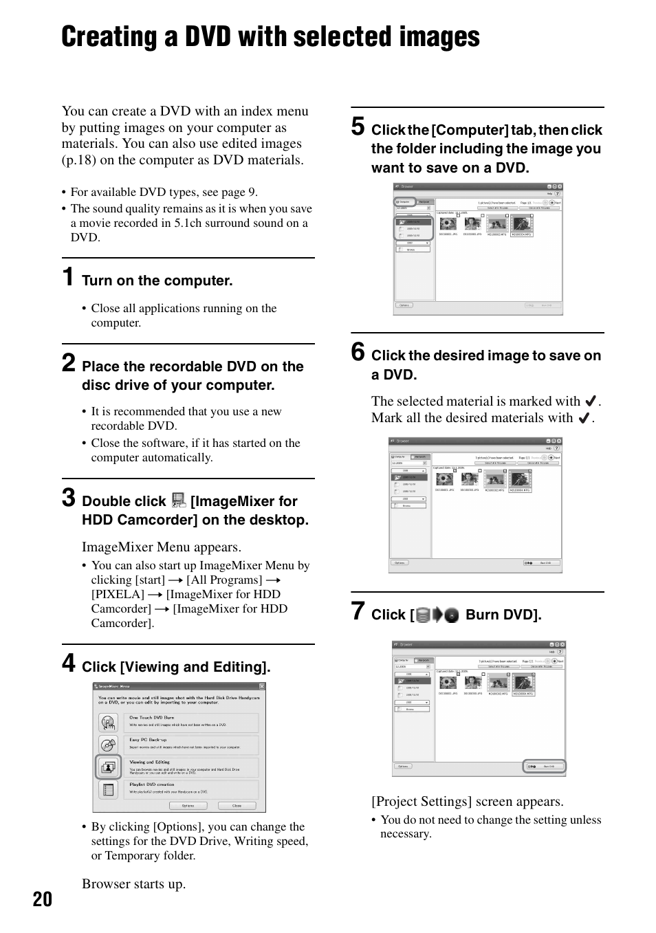 Creating a dvd with selected images | Sony DCR-SR100 User Manual | Page 20 / 27