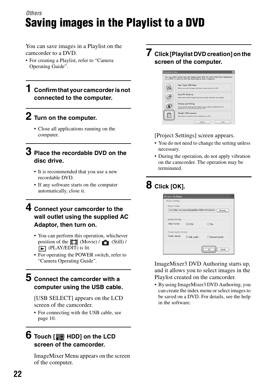Others, Saving images in the playlist to a dvd | Sony DCR-SR100 User Manual | Page 22 / 27