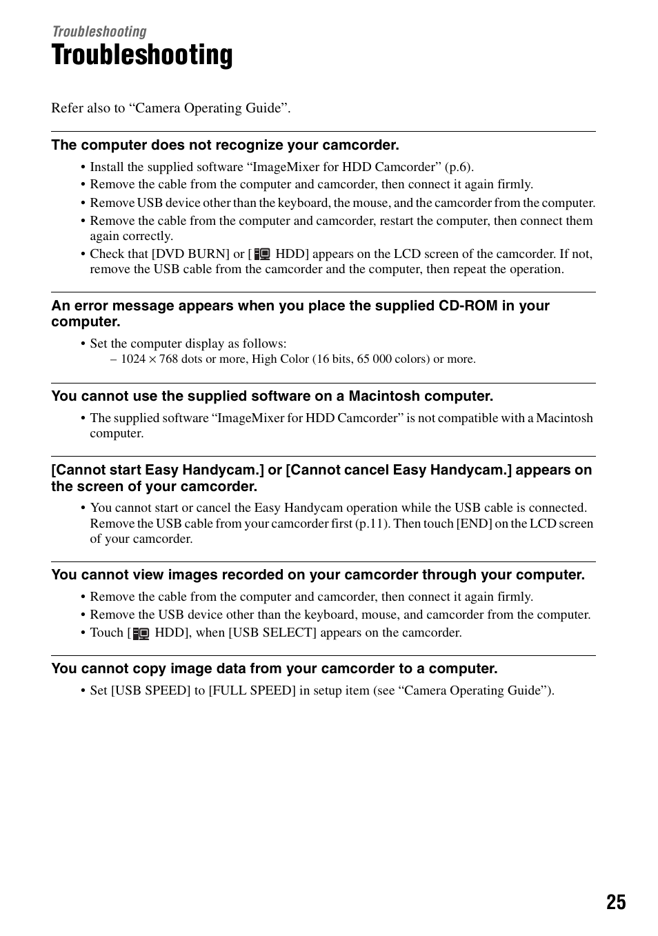 Troubleshooting | Sony DCR-SR100 User Manual | Page 25 / 27