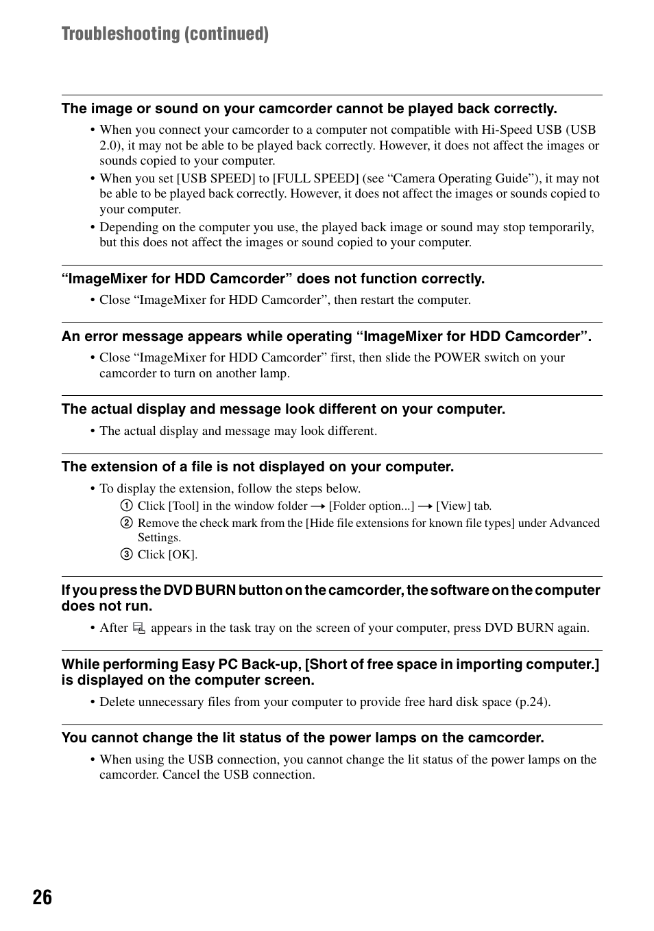 Troubleshooting (continued) | Sony DCR-SR100 User Manual | Page 26 / 27