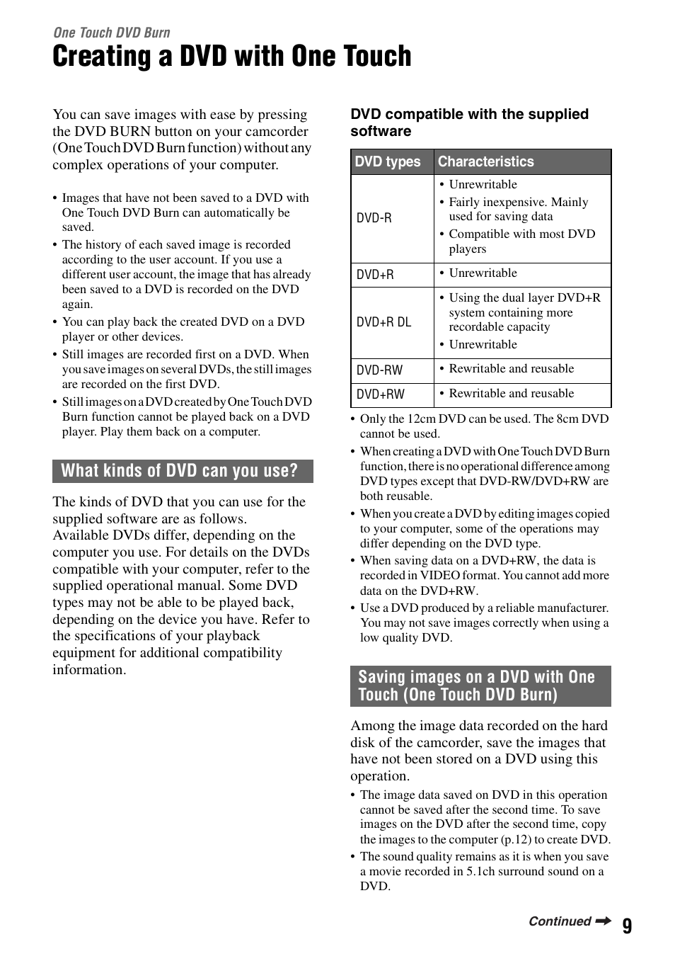 One touch dvd burn, Creating a dvd with one touch, What kinds of dvd can you use | Sony DCR-SR100 User Manual | Page 9 / 27