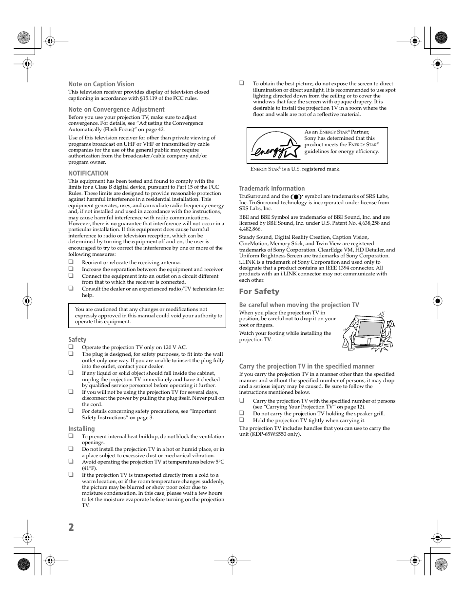 For safety | Sony KDP-65WS550 User Manual | Page 3 / 122