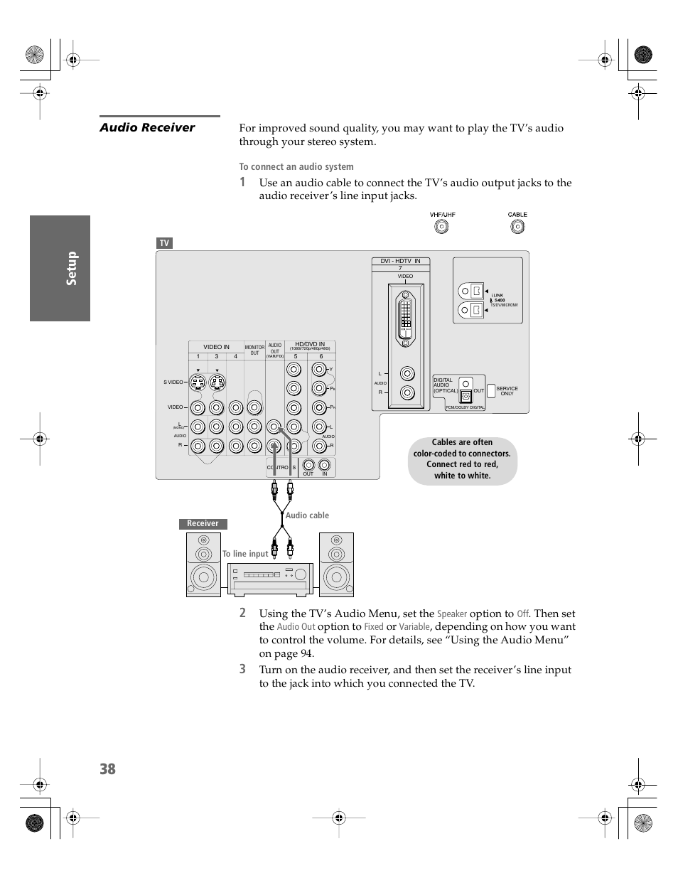 Audio receiver, Using the tv’s audio menu, set the, Option to | Then set the | Sony KDP-65WS550 User Manual | Page 39 / 122