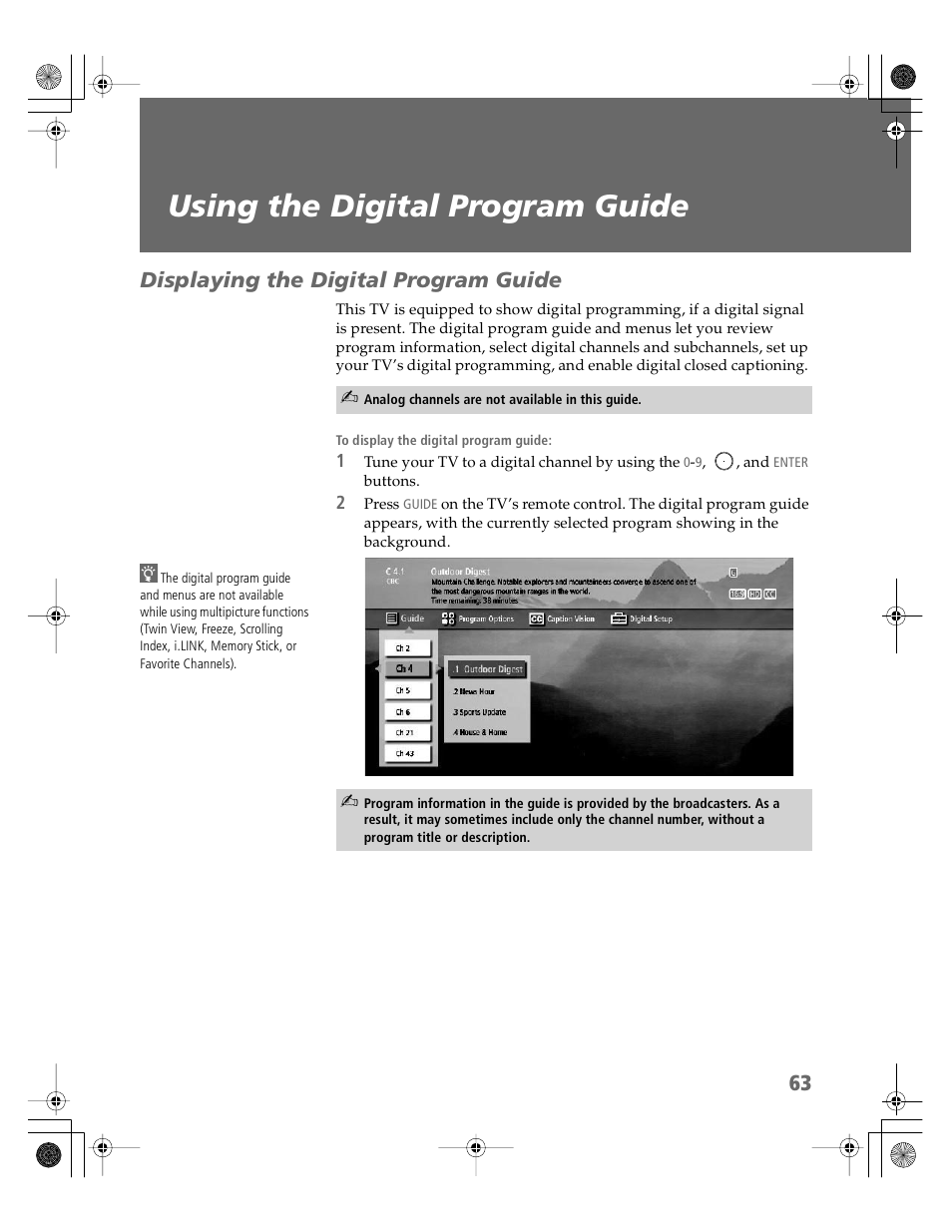 Using the digital program guide, Displaying the digital program guide | Sony KDP-65WS550 User Manual | Page 64 / 122