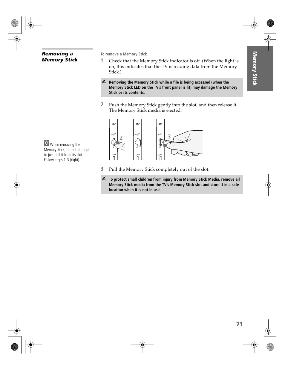 Removing a memory stick | Sony KDP-65WS550 User Manual | Page 72 / 122