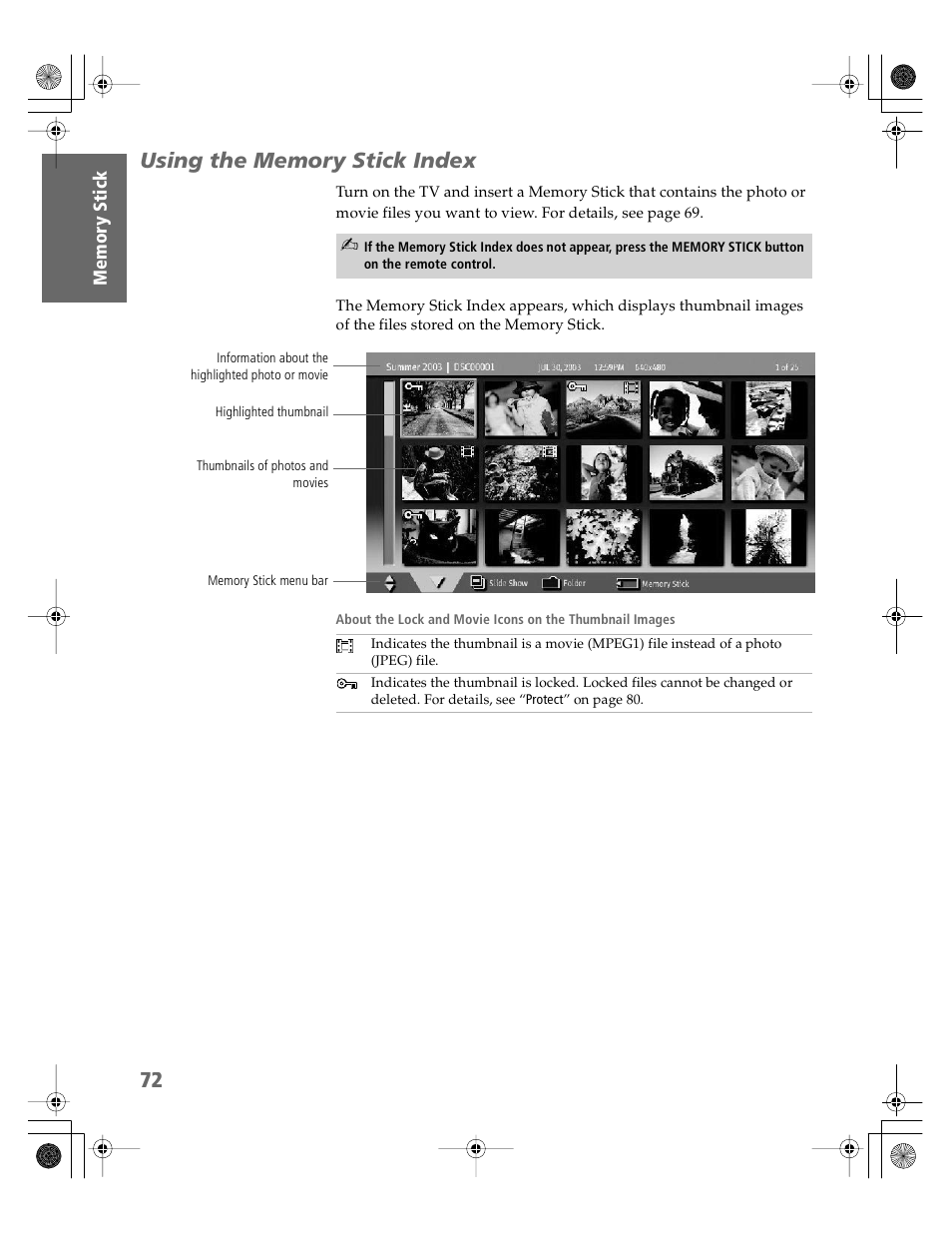 Using the memory stick index | Sony KDP-65WS550 User Manual | Page 73 / 122