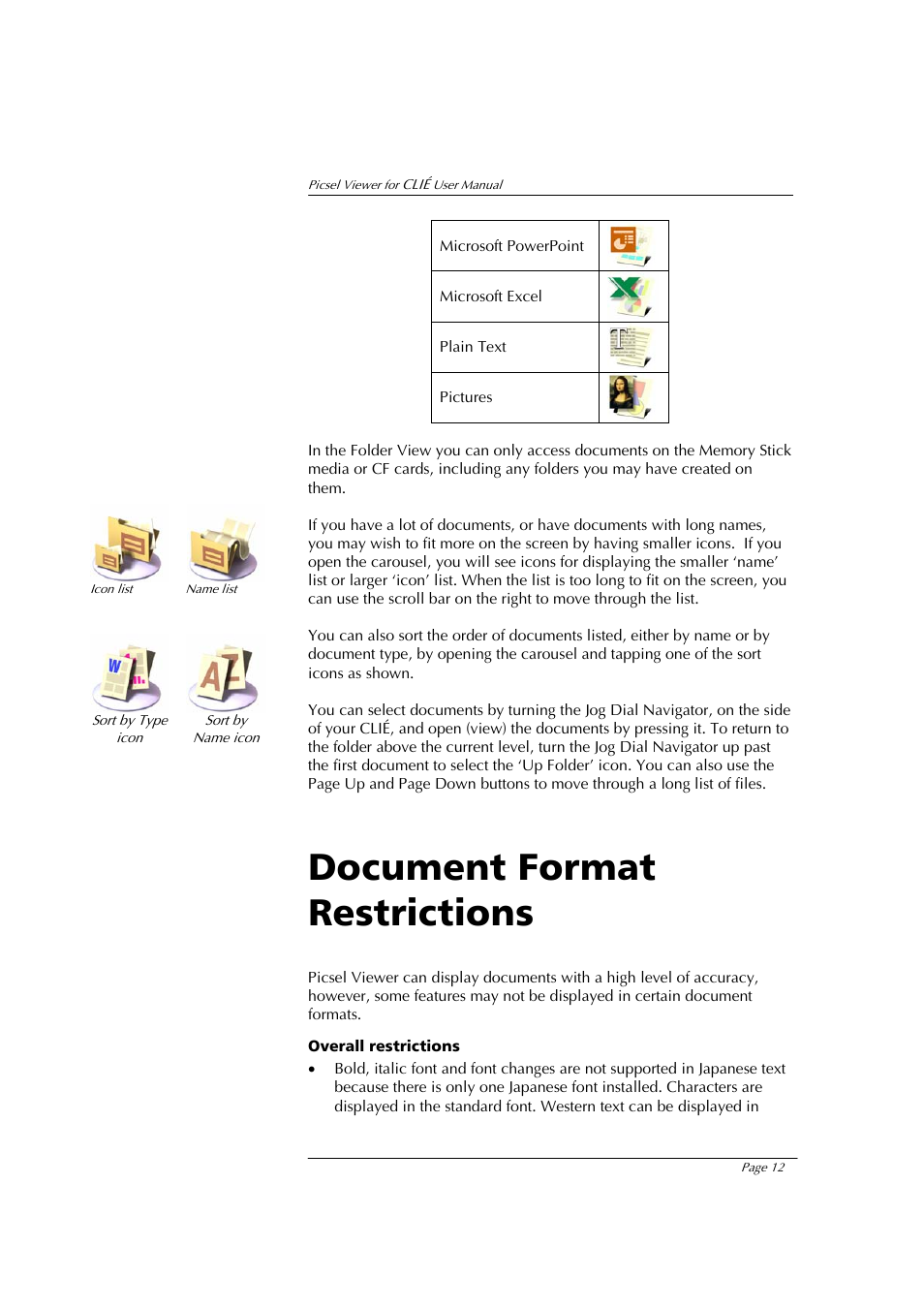 Document format restrictions | Sony PEG-NX80V User Manual | Page 12 / 23