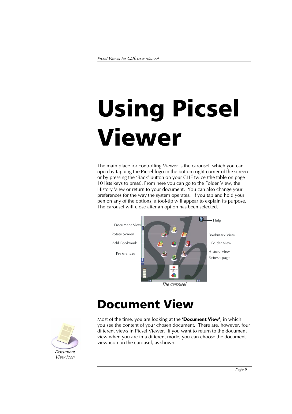 Using picsel viewer, Document view | Sony PEG-NX80V User Manual | Page 8 / 23