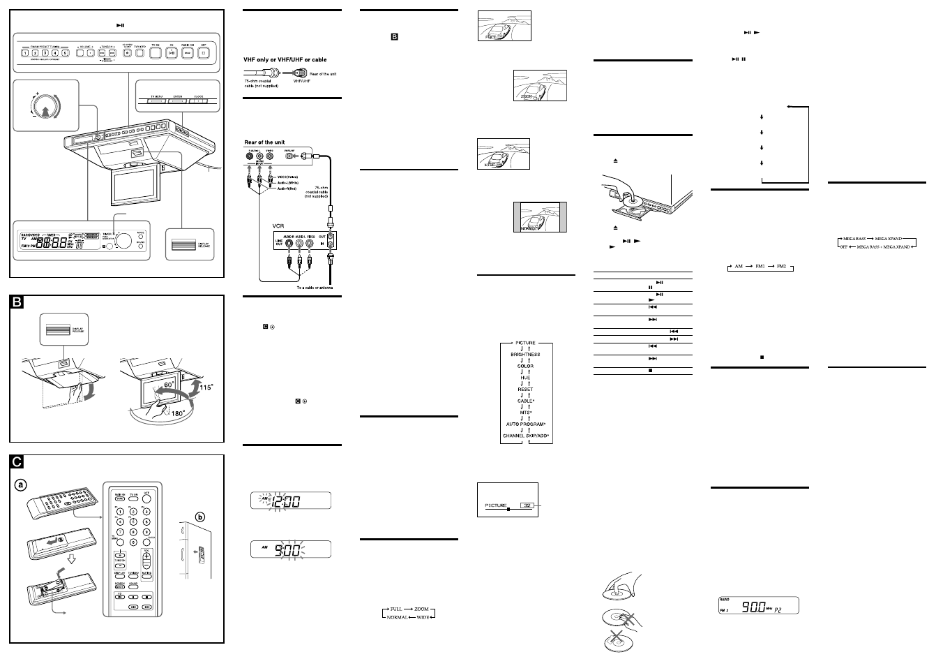 Basic connections (connecting cable tv or antenna), Connecting a vcr and tv, Preparing the remote | Setting the clock, Setting the display monitor, Setting the channels, Watching the tv, Setting the screen mode, Changing the display settings, Playing a cd | Sony ICF-CD555TV User Manual | Page 2 / 2