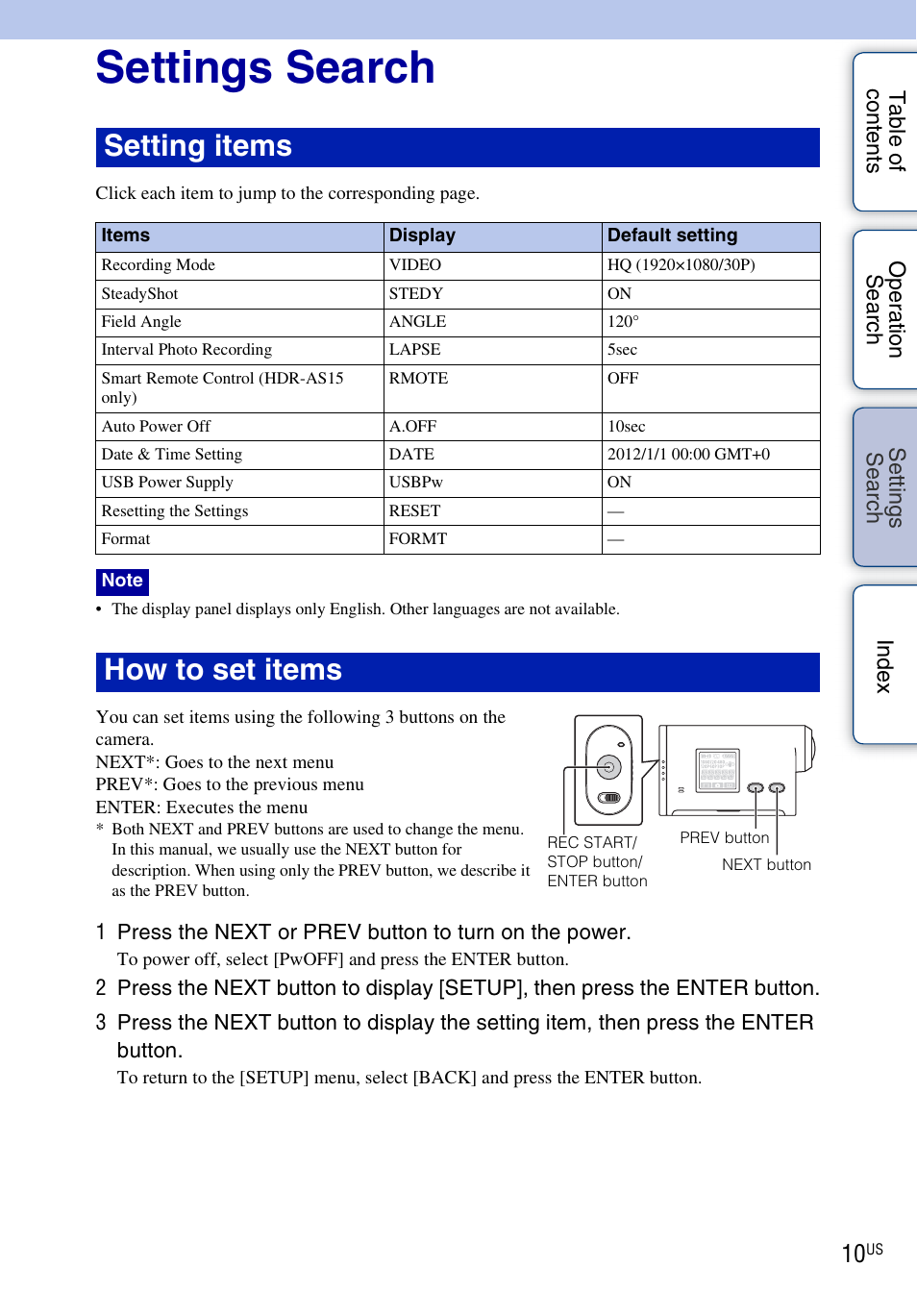 Settings search, Ttin g, Se ar | Setting items, How to set items | Sony HDR-AS10 User Manual | Page 10 / 60