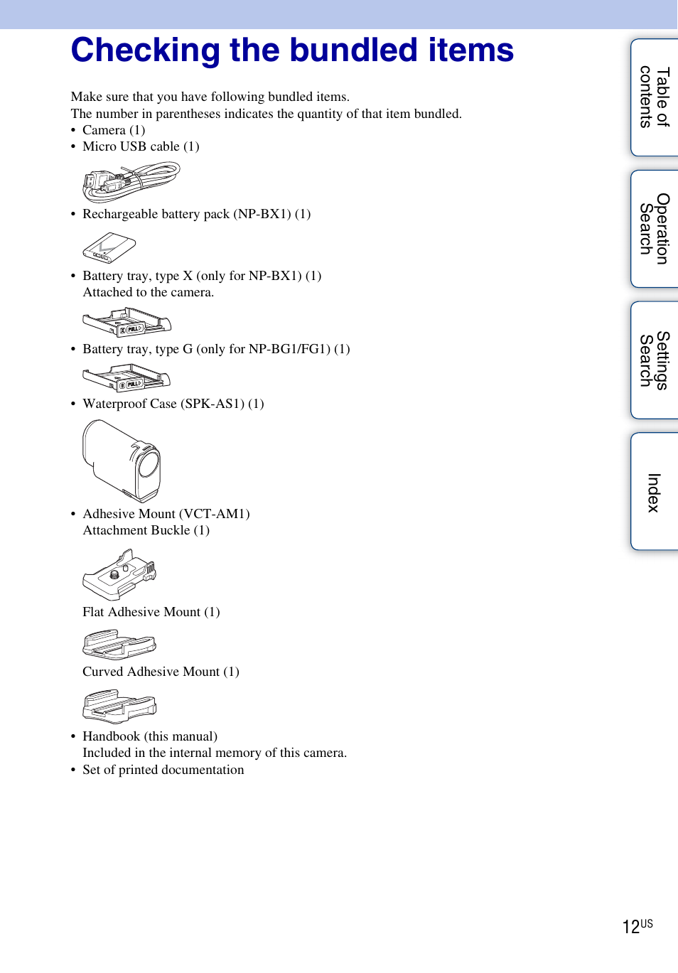 Checking the bundled items | Sony HDR-AS10 User Manual | Page 12 / 60