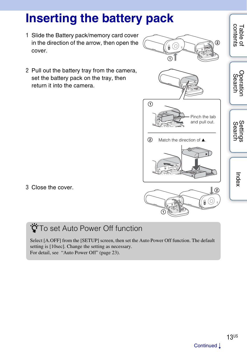 Inserting the battery pack | Sony HDR-AS10 User Manual | Page 13 / 60