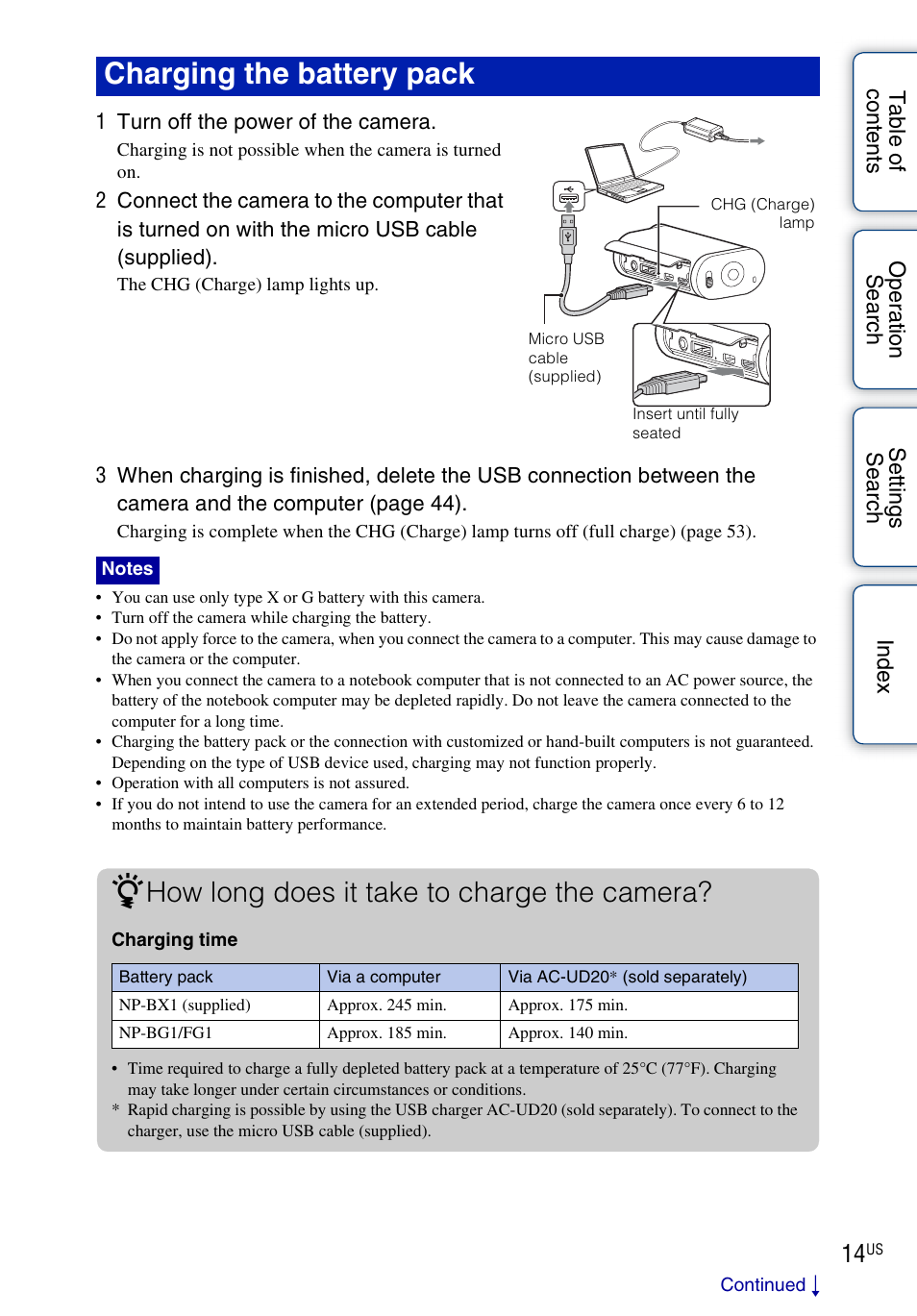 Charging the battery pack, How long does it take to charge the camera | Sony HDR-AS10 User Manual | Page 14 / 60