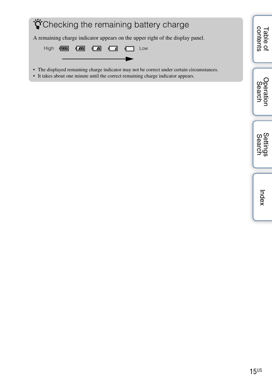 Checking the remaining battery charge | Sony HDR-AS10 User Manual | Page 15 / 60