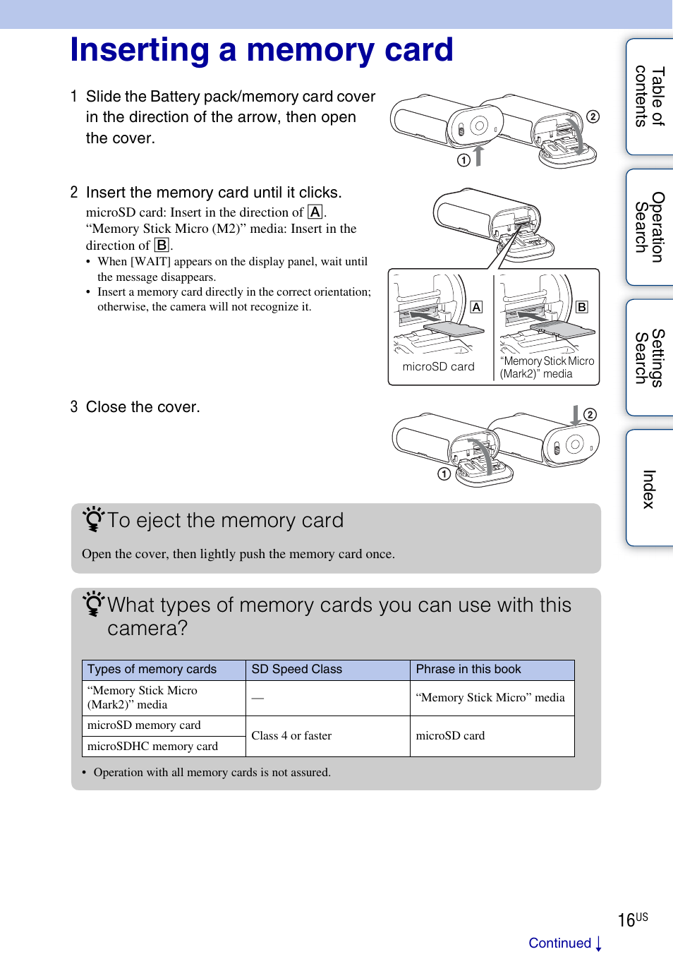 Inserting a memory card | Sony HDR-AS10 User Manual | Page 16 / 60