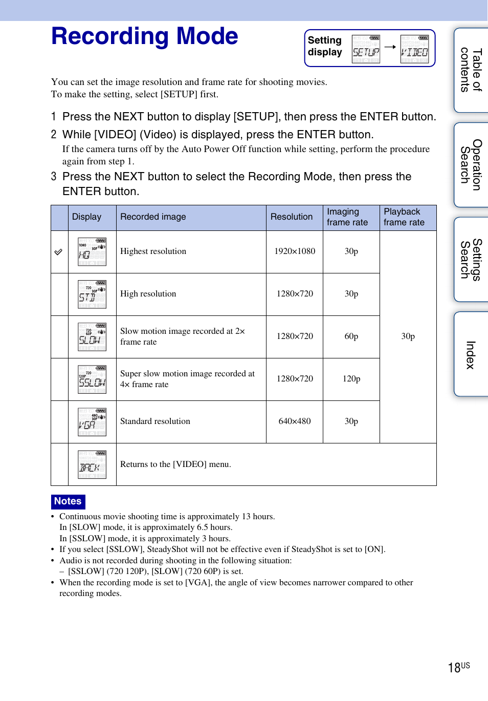 Recording mode | Sony HDR-AS10 User Manual | Page 18 / 60