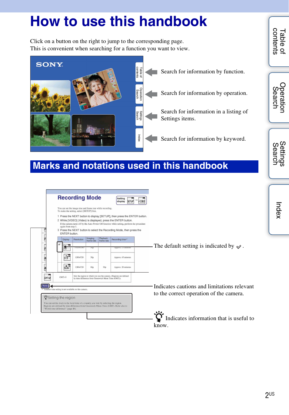 How to use this handbook, Marks and notations used in this handbook | Sony HDR-AS10 User Manual | Page 2 / 60