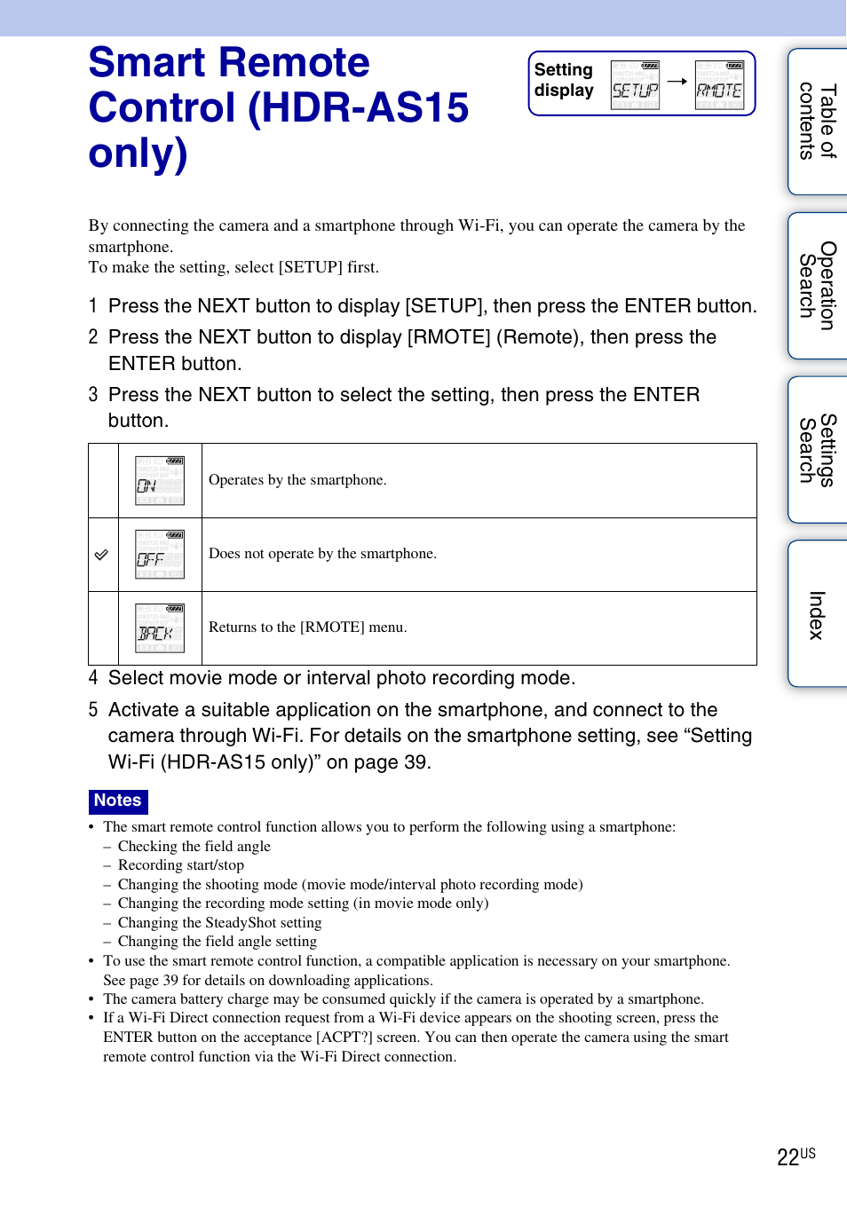 Smart remote control (hdr-as15 only) | Sony HDR-AS10 User Manual | Page 22 / 60
