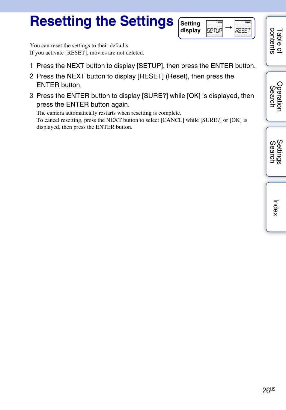 Resetting the settings | Sony HDR-AS10 User Manual | Page 26 / 60