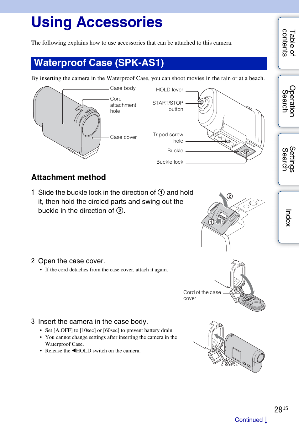 Using accessories, Waterproof case (spk-as1), Attachment method | Sony HDR-AS10 User Manual | Page 28 / 60