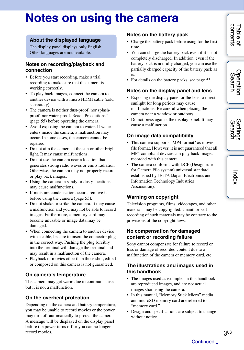 Notes on using the camera | Sony HDR-AS10 User Manual | Page 3 / 60