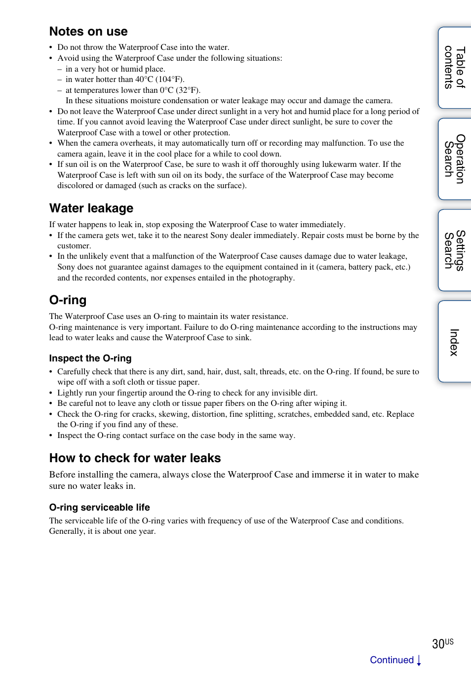 Water leakage, O-ring, How to check for water leaks | Sony HDR-AS10 User Manual | Page 30 / 60