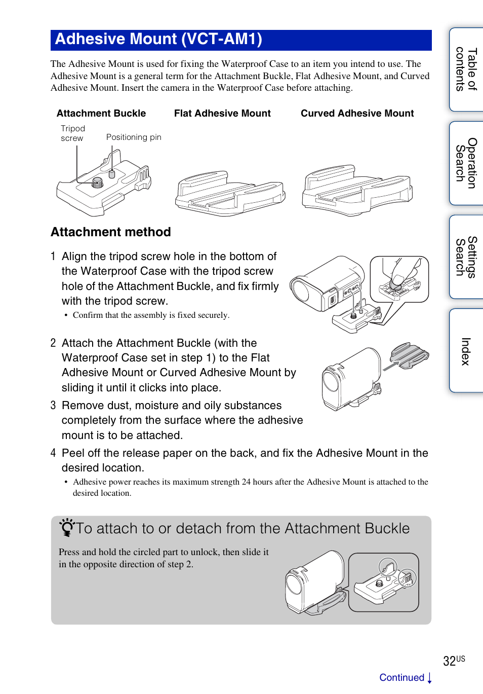 Adhesive mount (vct-am1) | Sony HDR-AS10 User Manual | Page 32 / 60