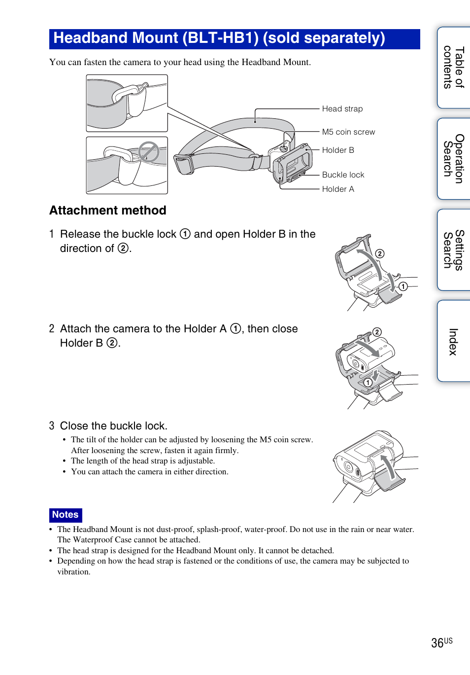 Headband mount (blt-hb1) (sold separately), Attachment method | Sony HDR-AS10 User Manual | Page 36 / 60