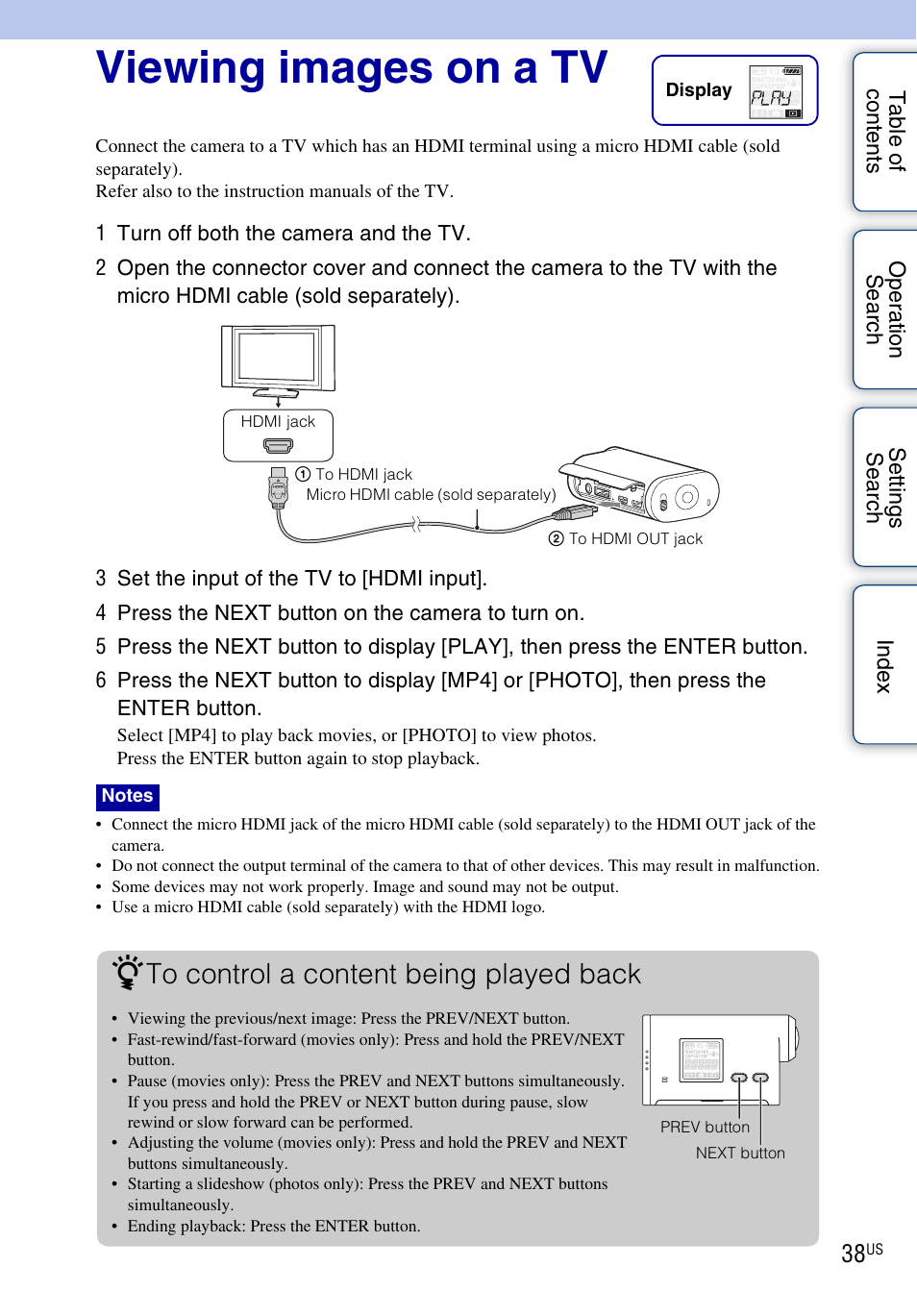 Viewing images on a tv | Sony HDR-AS10 User Manual | Page 38 / 60