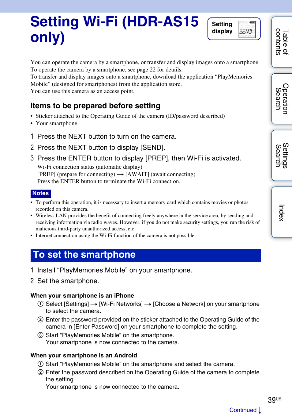 Setting wi-fi (hdr-as15 only), Setting wi-fi (hdr-as15 only)” o, Items to be prepared before setting | Sony HDR-AS10 User Manual | Page 39 / 60