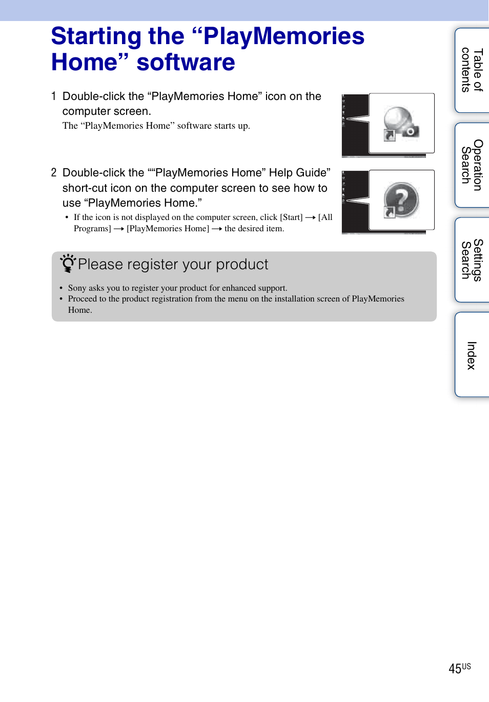 Starting the “playmemories home” software, Please register your product | Sony HDR-AS10 User Manual | Page 45 / 60