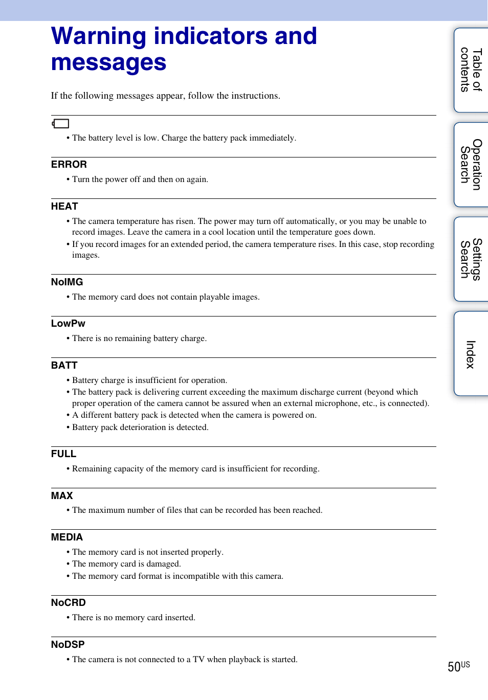 Warning indicators and messages, O 50 | Sony HDR-AS10 User Manual | Page 50 / 60