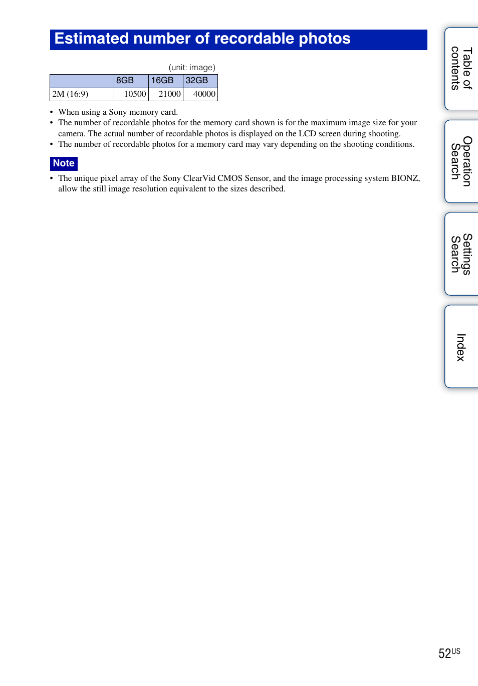 Estimated number of recordable photos | Sony HDR-AS10 User Manual | Page 52 / 60