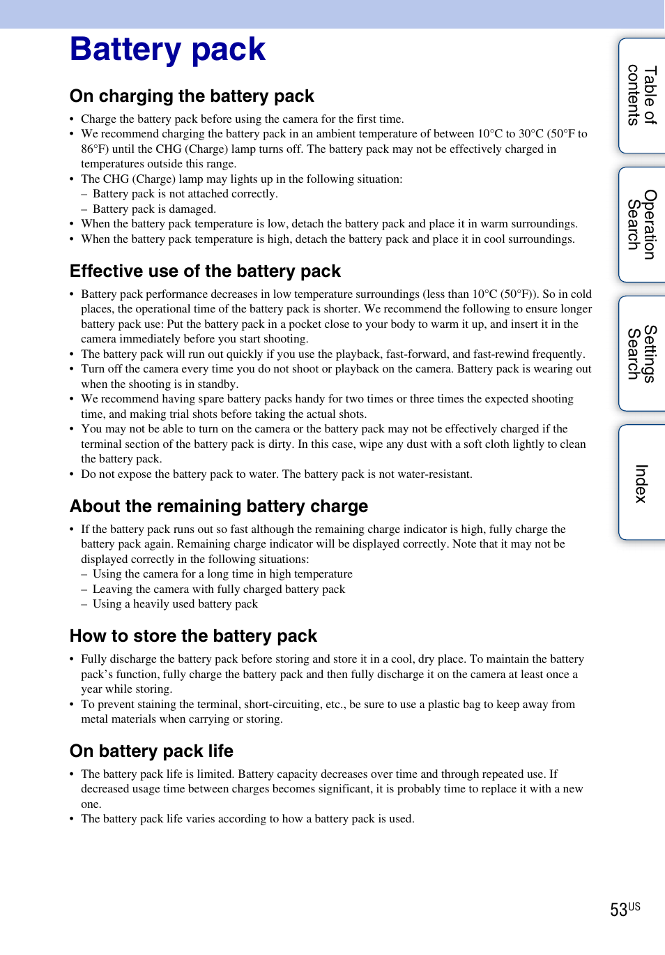 Battery pack, On charging the battery pack, Effective use of the battery pack | About the remaining battery charge, How to store the battery pack, On battery pack life | Sony HDR-AS10 User Manual | Page 53 / 60