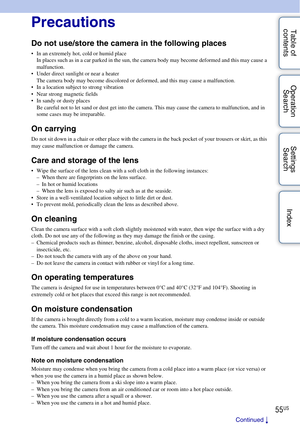 Precautions, On carrying, Care and storage of the lens | On cleaning, On operating temperatures, On moisture condensation | Sony HDR-AS10 User Manual | Page 55 / 60