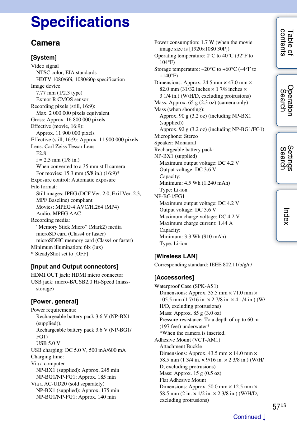 Specifications, Camera | Sony HDR-AS10 User Manual | Page 57 / 60