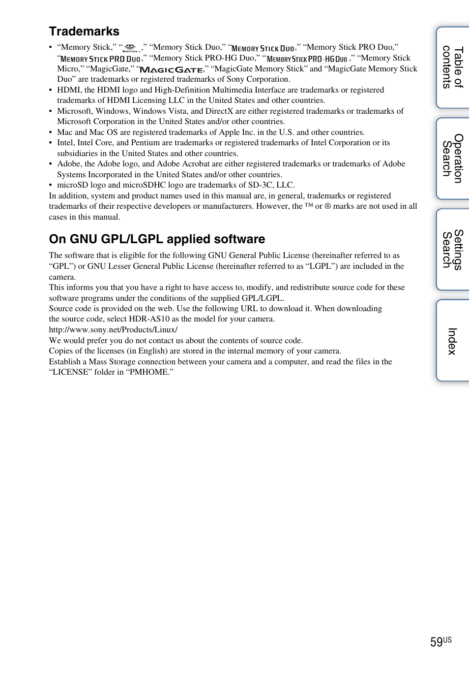 Trademarks, On gnu gpl/lgpl applied software | Sony HDR-AS10 User Manual | Page 59 / 60