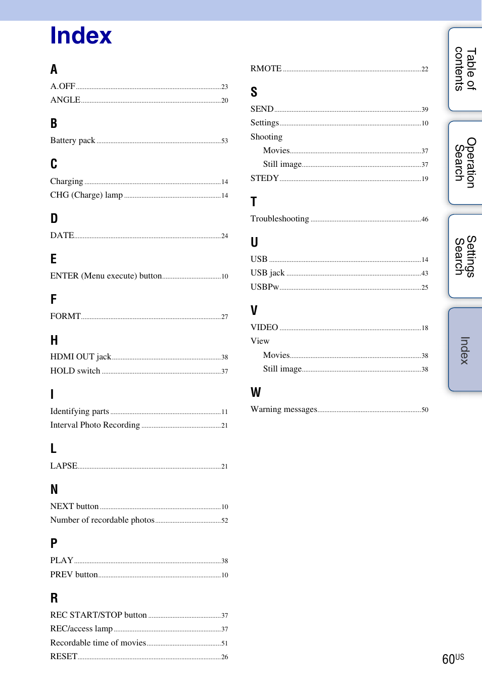 Index | Sony HDR-AS10 User Manual | Page 60 / 60