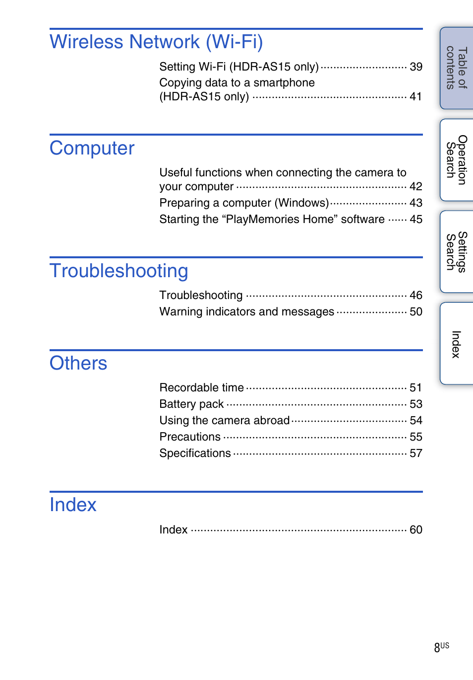 Wireless network (wi-fi), Computer, Troubleshooting | Others, Index | Sony HDR-AS10 User Manual | Page 8 / 60