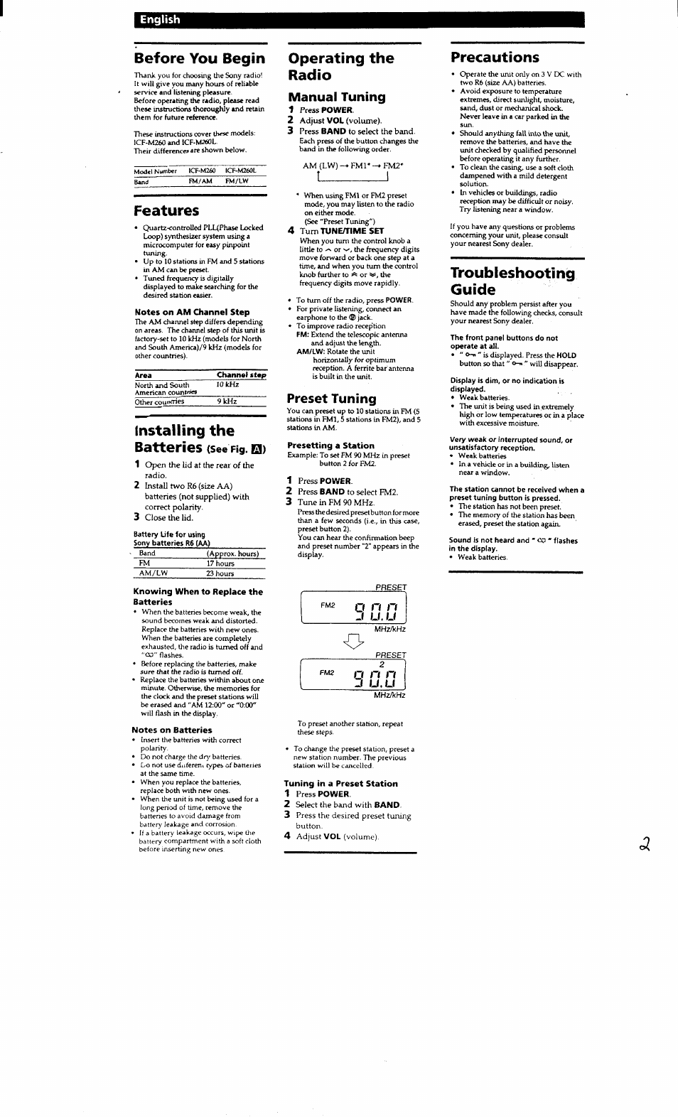 Before you begin, Features, Notes on am channel step | Installing the, Knowing when to replace the, Batteries, Notes on batteries, Operating the radio, 1 press power, 4 turn tuneh^ime set | Sony ICF-M260 User Manual | Page 2 / 19