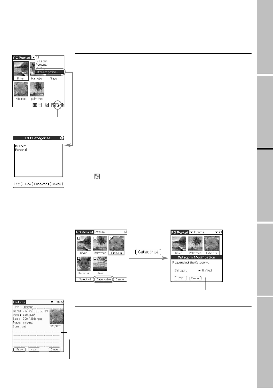 Organizing pictures, Sorting pictures, Adding comments | Sony PEG-N760C User Manual | Page 17 / 29