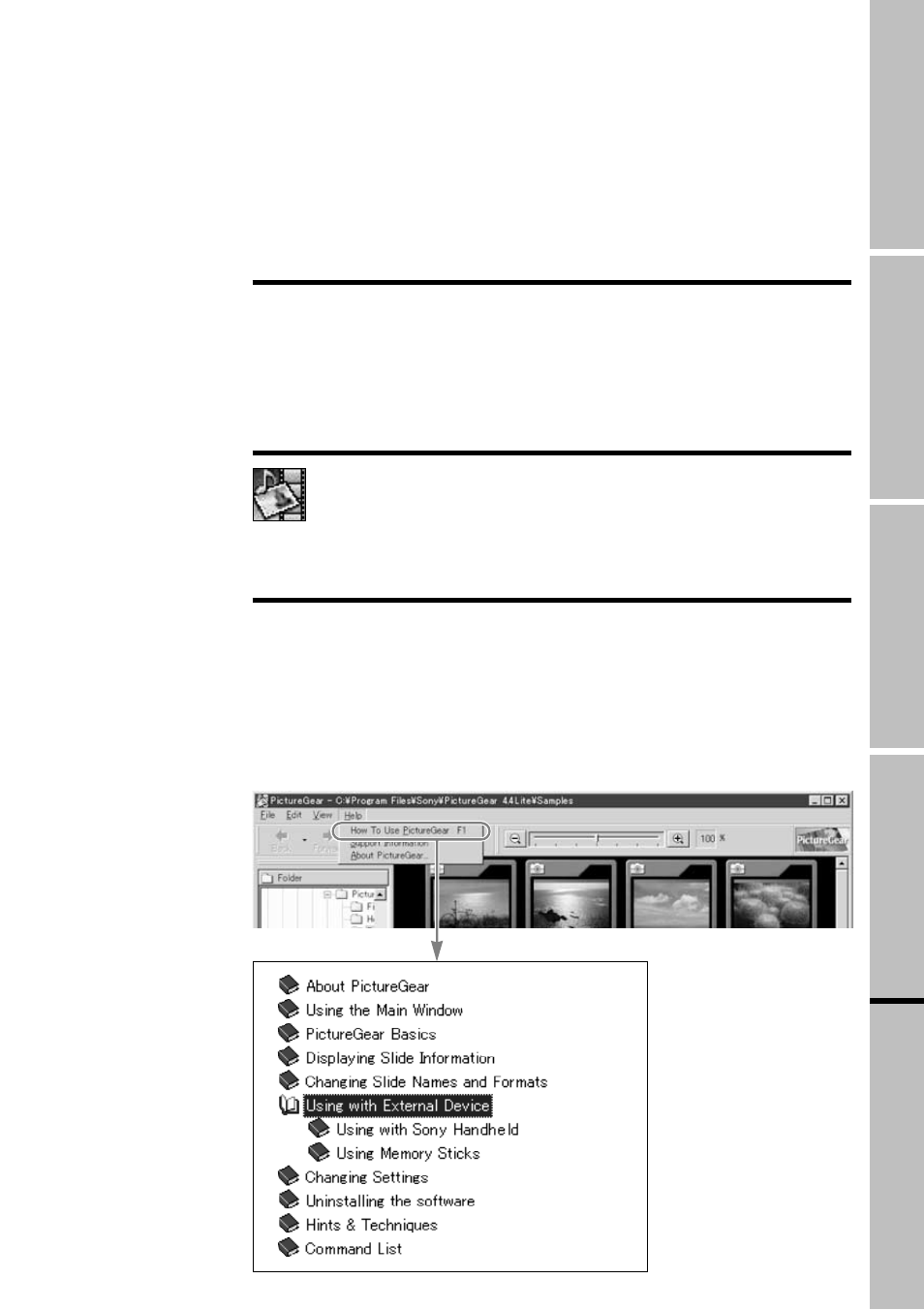 Installation of picturegear lite, Start, Help | Sony PEG-N760C User Manual | Page 27 / 29