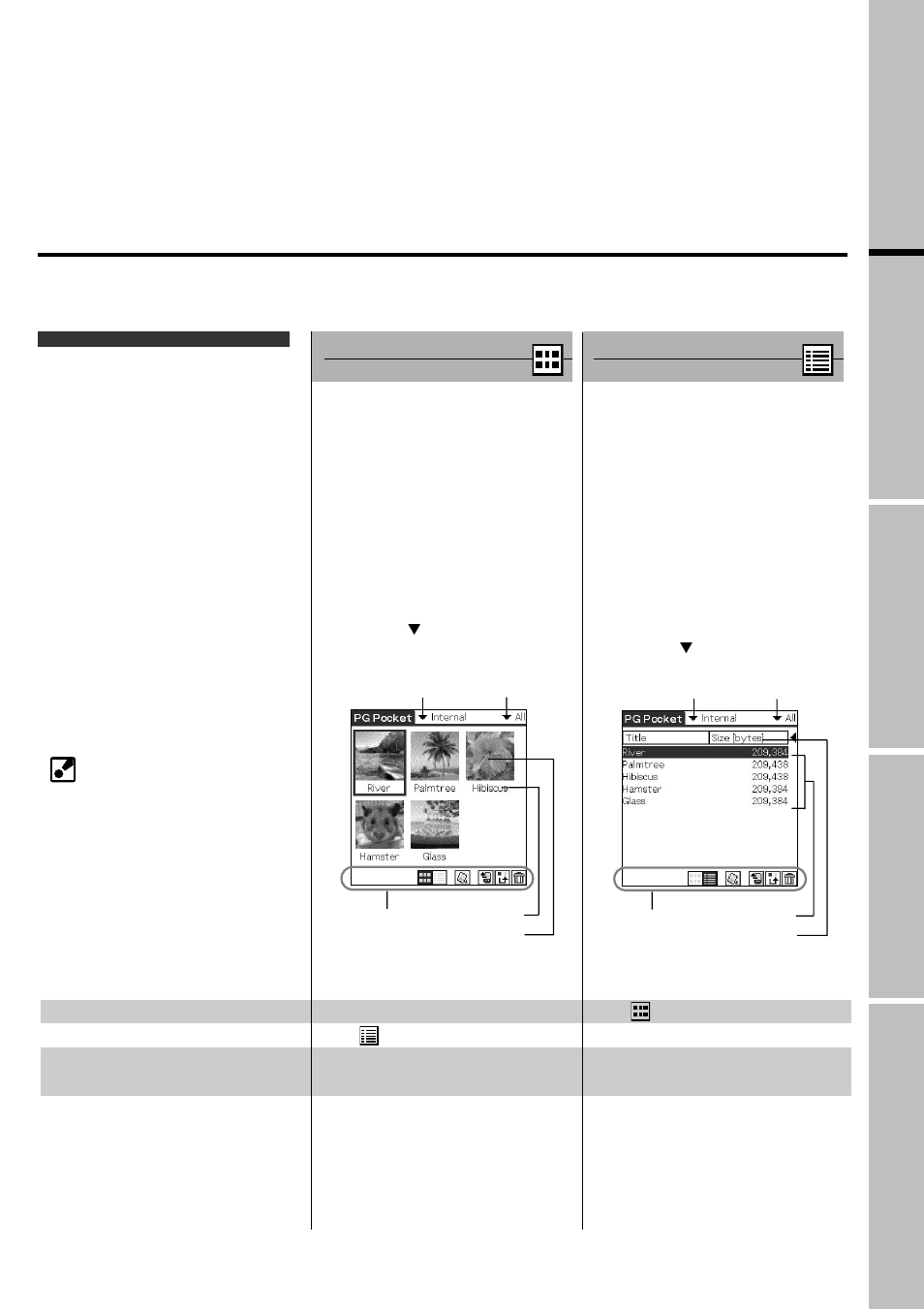 Display modes and functions, Preview mode (selection mode), List mode (selection mode) | Preview mode, List mode, Picturegear pocket | Sony PEG-N760C User Manual | Page 9 / 29