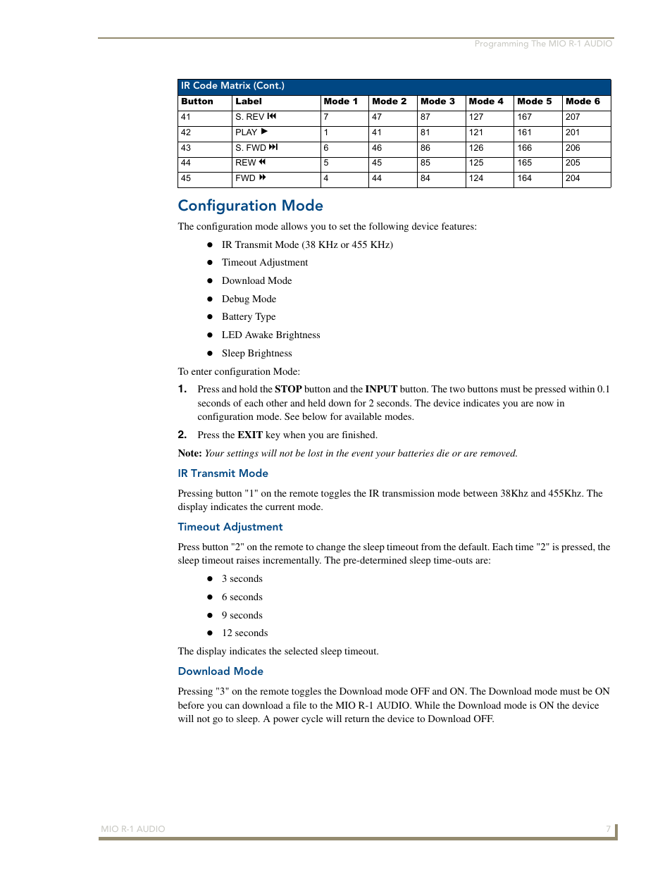 Configuration mode, Ir transmit mode, Timeout adjustment | Download mode | AMX MIO R-1 AUDIO FG147-04 User Manual | Page 11 / 30