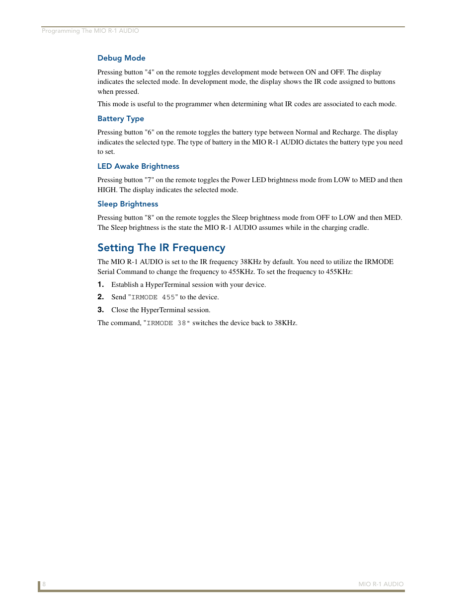 Debug mode, Battery type, Led awake brightness | Sleep brightness, Setting the ir frequency | AMX MIO R-1 AUDIO FG147-04 User Manual | Page 12 / 30