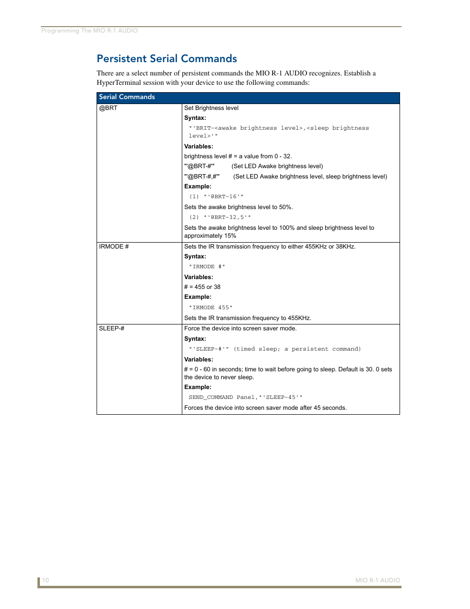 Persistent serial commands | AMX MIO R-1 AUDIO FG147-04 User Manual | Page 14 / 30