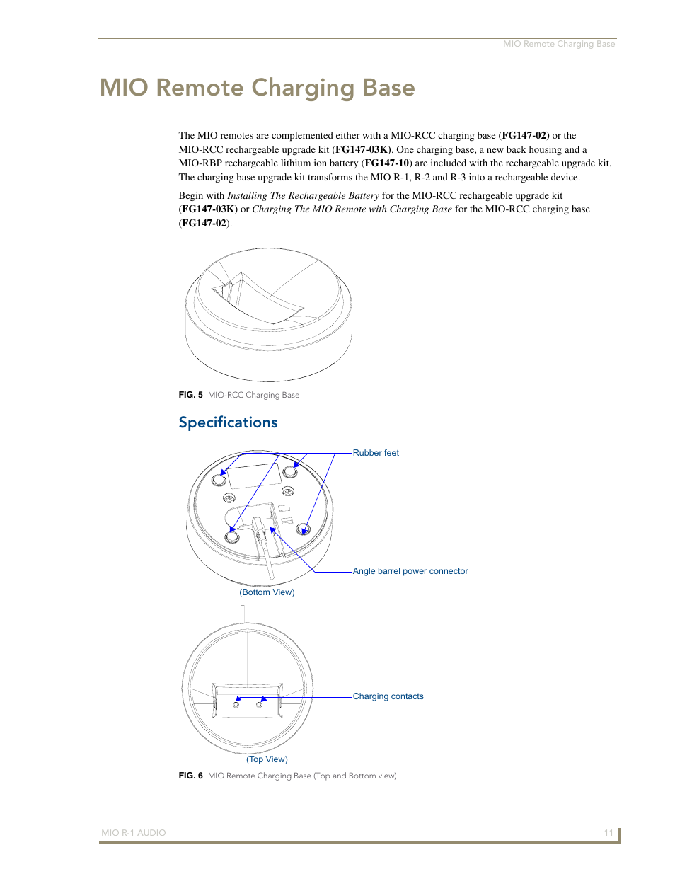 Mio remote charging base, Specifications | AMX MIO R-1 AUDIO FG147-04 User Manual | Page 15 / 30